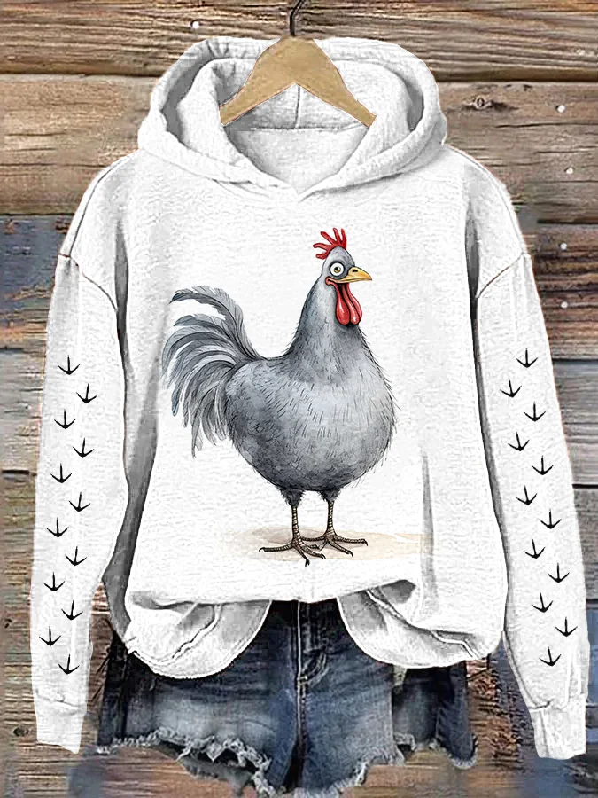 Funky Cartoon Chickens Print Casual Cozy Hoodie