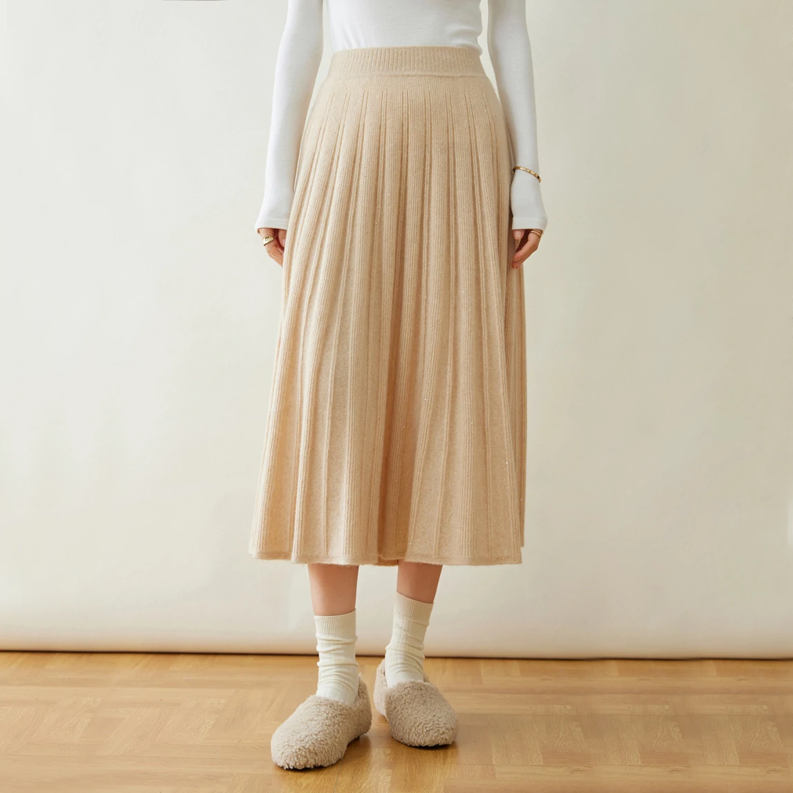 Jupe plissée mi-longue en cachemire pour femme- SOIE PLUS