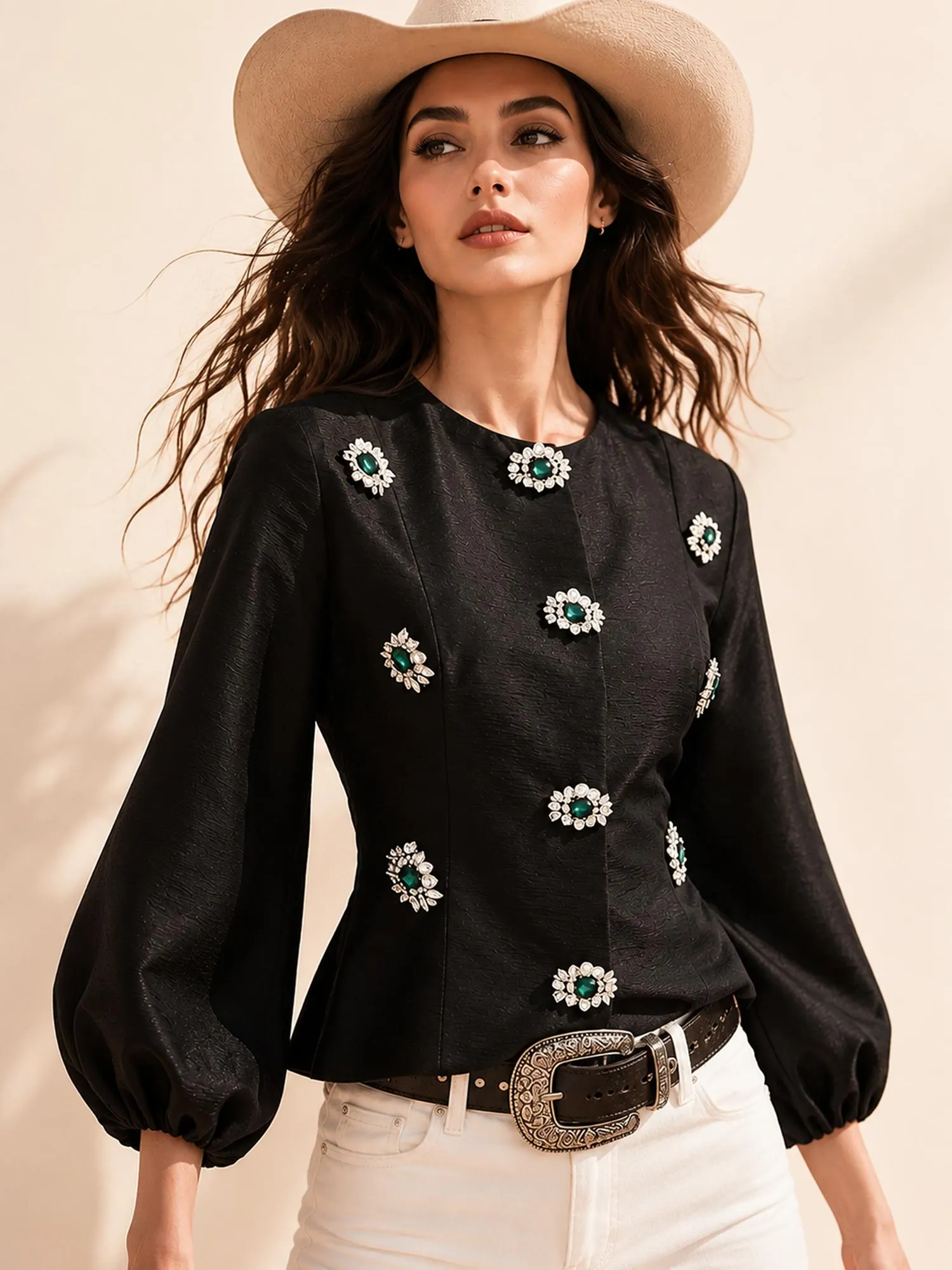 Perfect for Country Saloon Evenings &mdash; Black Emerald Gemstone Brooch Buttoned Textured Satin Women's Lantern Sleeve Blouse