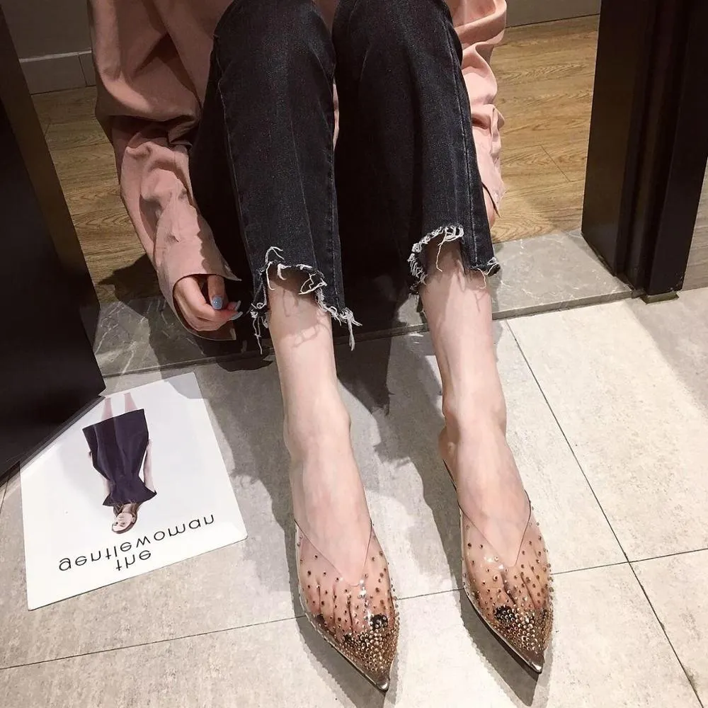 2020 NEW Outer wear Women Slides Pointed toe Woman Summer Shoes Joker Rhinestone Med Heel Mules Gold SIlver