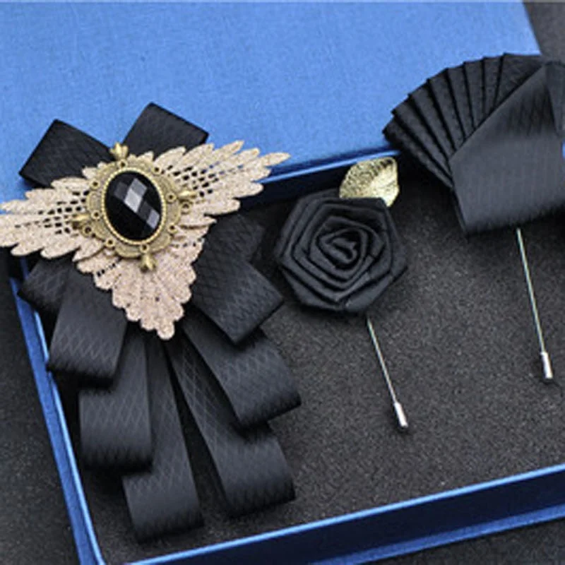 Fashion New Casual Multilayer Bowtie Diamond Brooch Rhinestone Red Bow Tie Brooch Set Wedding Groom Groomsmen Pocket Square Men