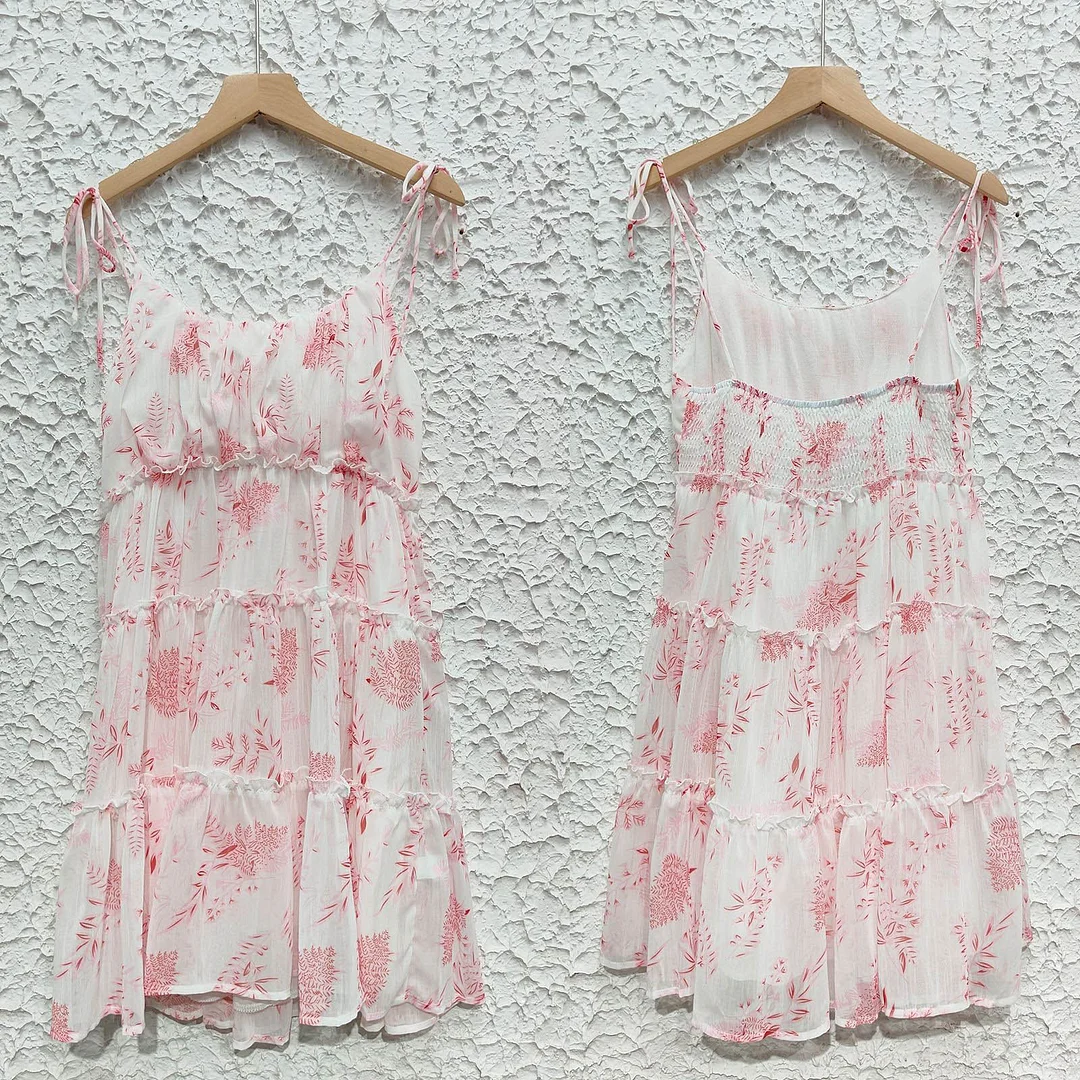 Sexy Chiffon Layer Ruffles Summer Strappy Dress Floral Print Holiday Backless Suspender Mini Dress
