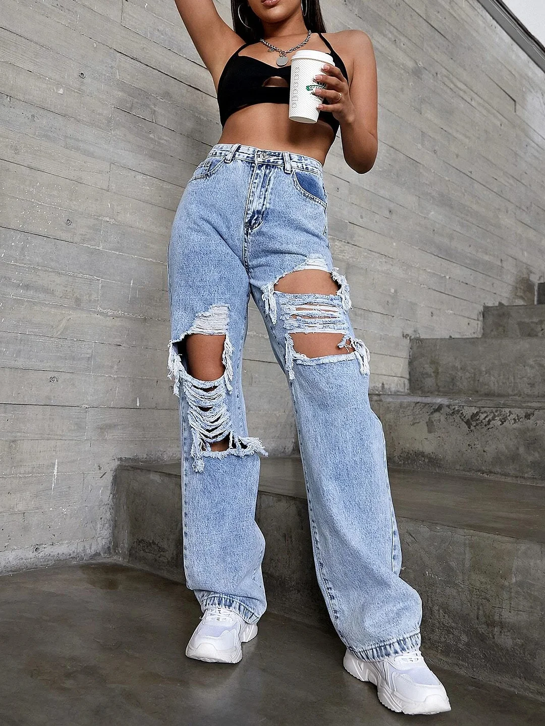 Women's Cowboy Ripped Stright Denim Jean Long Pants