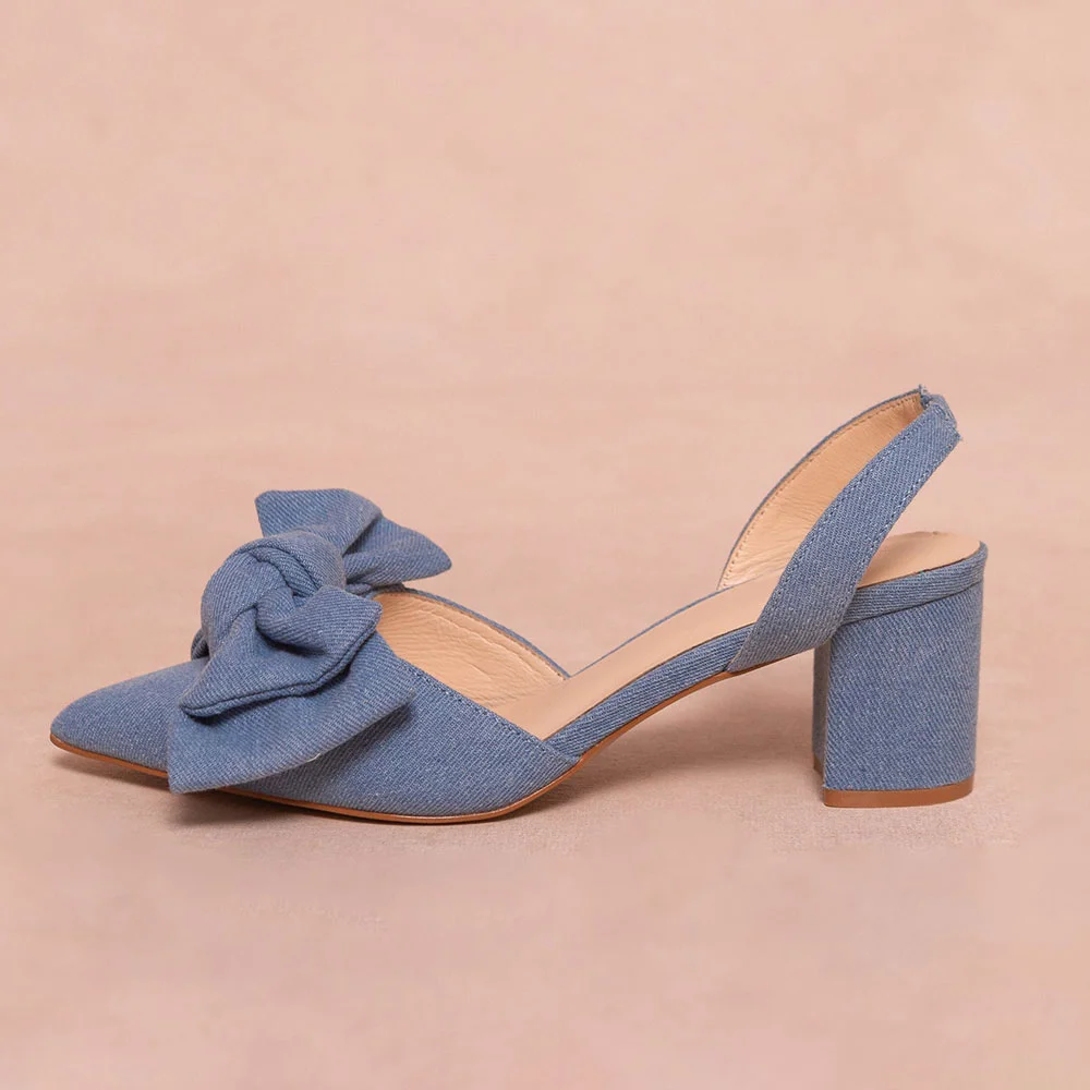 Elegant Blue Denim Pointed Toe Slingback Heels with Bow Accent