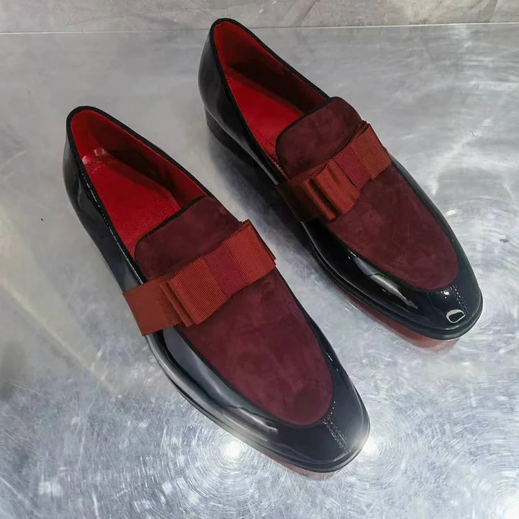 Gentleman's Loafer Shoes  Slip-On Bows Square Toe Prom Party Wedding Red Bottom Shoes VOCOSI VOCOSI