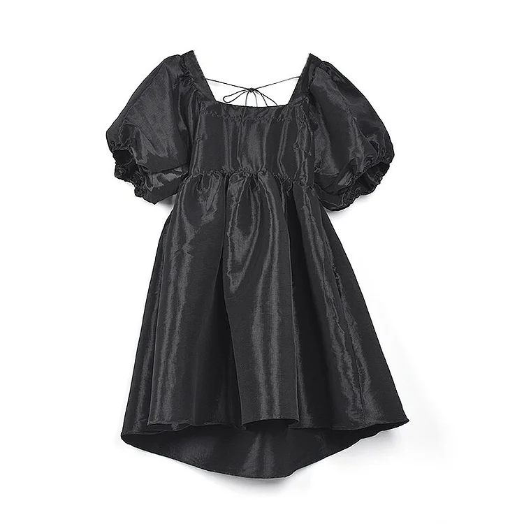 Elegant Square Collar Puff Sleeve Backless Lace-up Dress 
