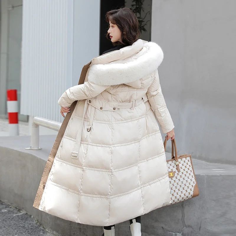 2021 Winter Jackets New Loose Big Fur Collar Mid-length Down Padded Jacket Women's Parka Long Over The Knee Waist Padded Coats