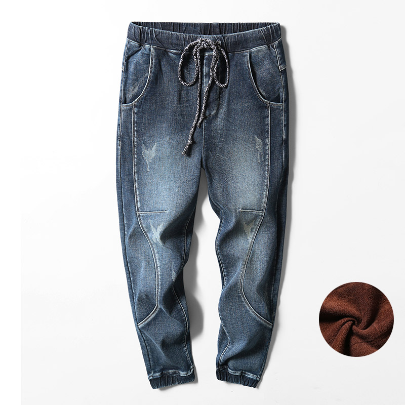 Winter Jeans Men Warm Jeans Fleece Thicken Harem Pants Loose Fit Streetwear Stretch Blue Denim Pants Trousers Oversize 42