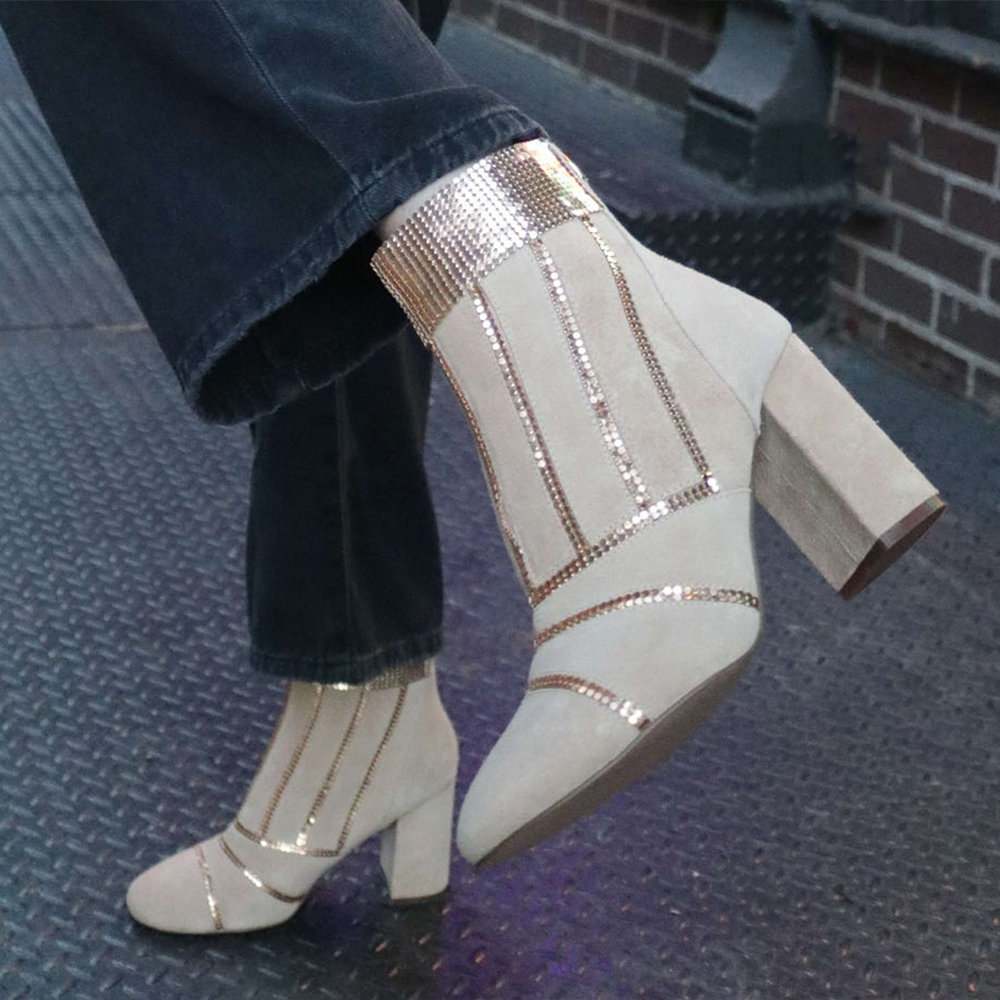 Brown Round Toe Boots Suede Diamond Line Ankle Boots
