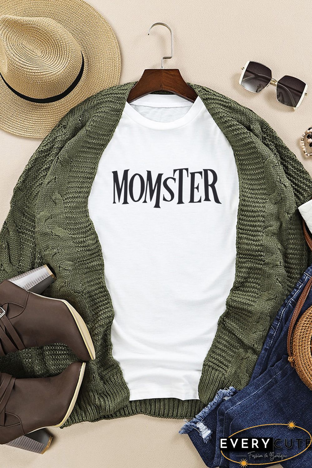 White MOMSTER Letter Print Short Sleeve T Shirt