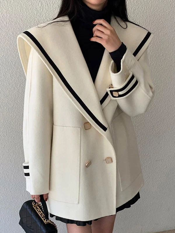 Navy Salilor Collar Double Breasted Oversized Woolen Jacket