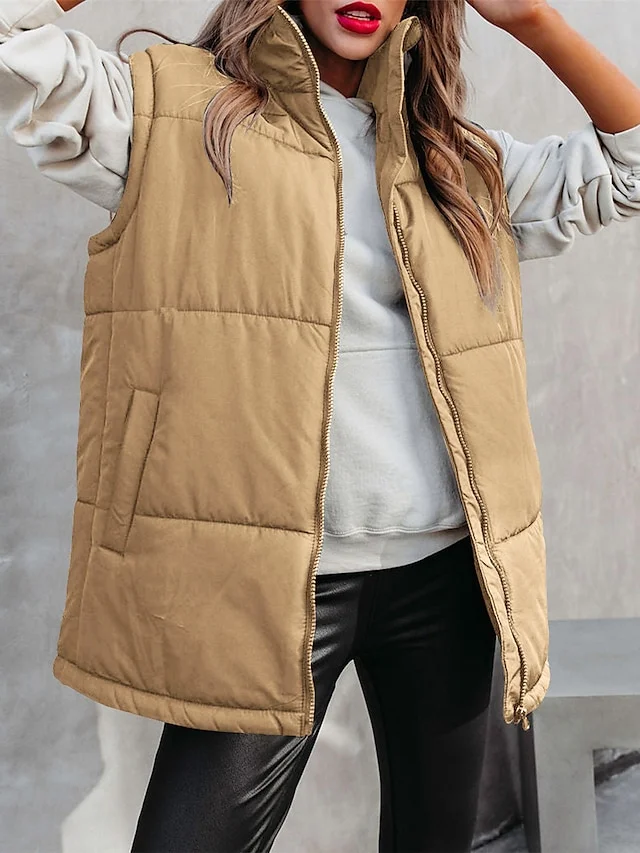 Women's Down Vest Street Daily Wear Vacation Fall Winter Regular Coat Regular Fit Warm Breathable Casual Daily Street Style Jacket Sleeveless Pure Color with Pockets Black White Orange