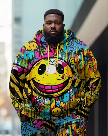 Men's Large Size Street Graffiti Cartoon Smiley Funny Print Hoodie (Two-Pack)