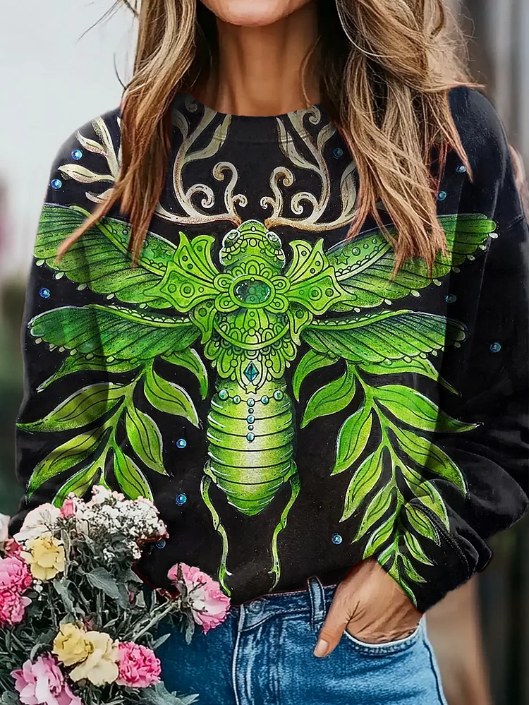Retro Insect Print Casual Sweatshirt