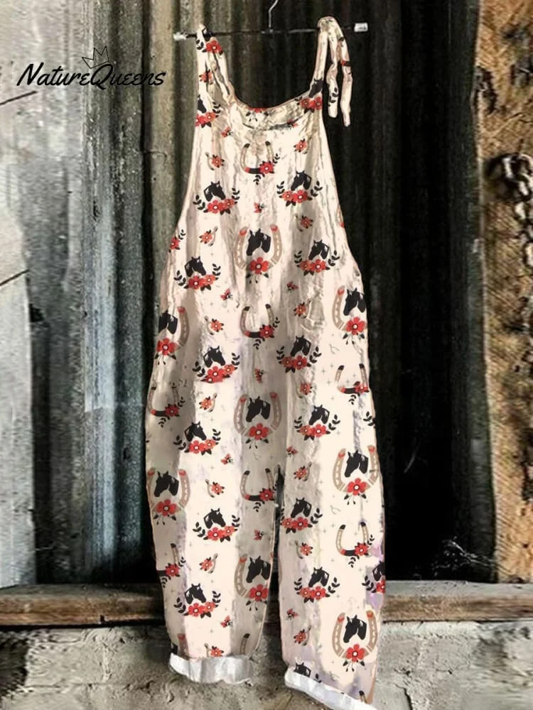 Horses & Horseshoes Linen Blend Loose Casual Jumpsuit