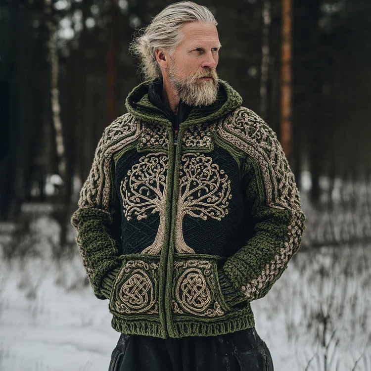 Men's Vintage Viking Tree Of Life Celtic Knot Art Chunky Knit Hooded Zip-up Sweater