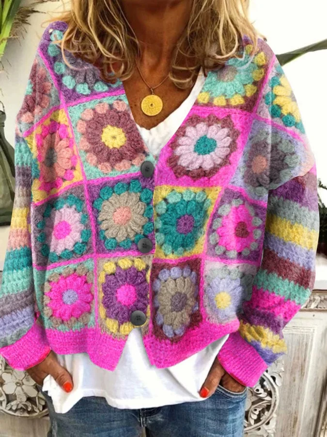 Women's Colorful Floral French Cashmere Knitted Cardigan