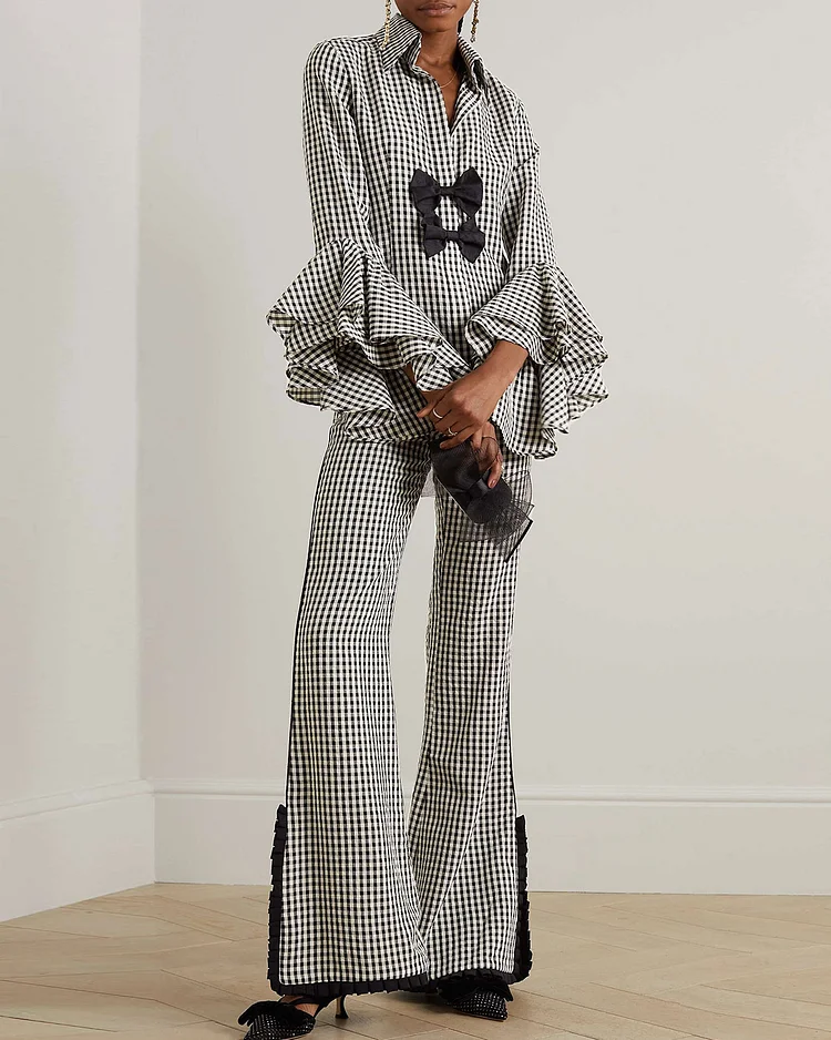 Bow-detailed ruffled gingham cotton blouse and pants two-piece set - 01