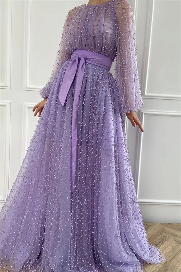 Gorgeous Long Sleeves Lilac Tulle Prom Dress Long With Pearls - lulusllly