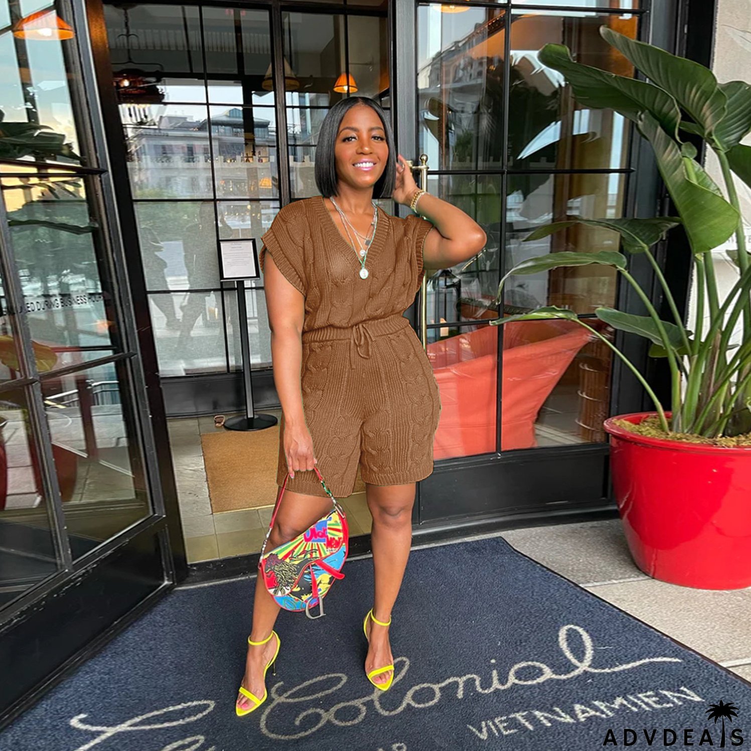 Sexy Solid Deep V Neck Sleeveless Loose Sweater Slim Shorts Two Piece Set