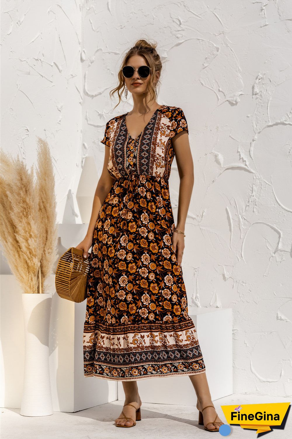 Short Sleeve V Neck Floral Maxi Dress