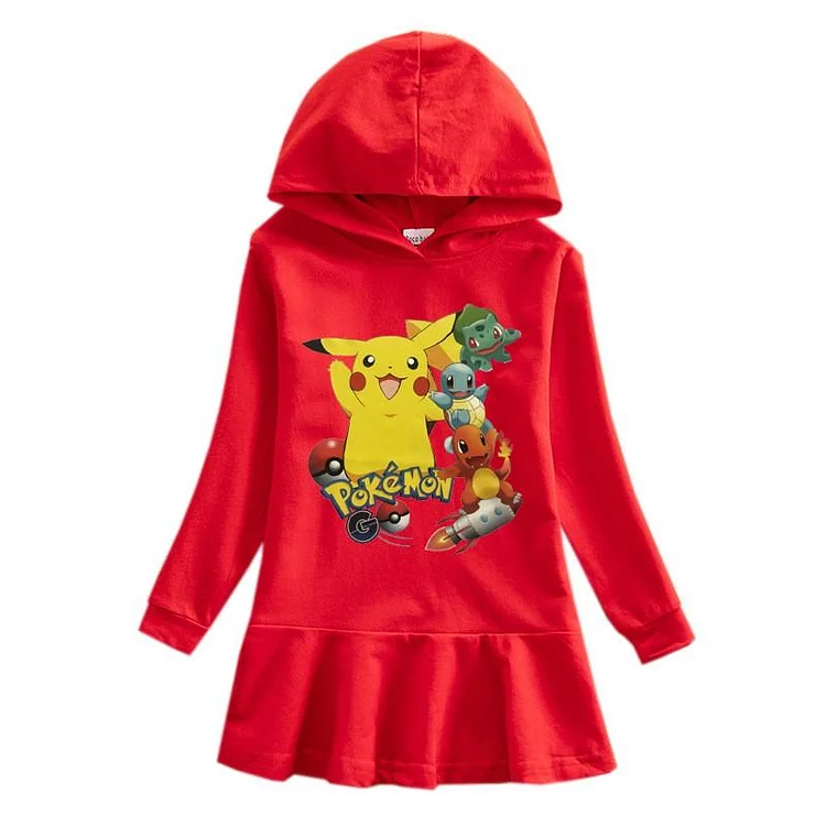 Pok¨¦mon Pikachu Print 2-9 Years Girls Hooded Long Sleeve Cotton Dress-Mayoulove