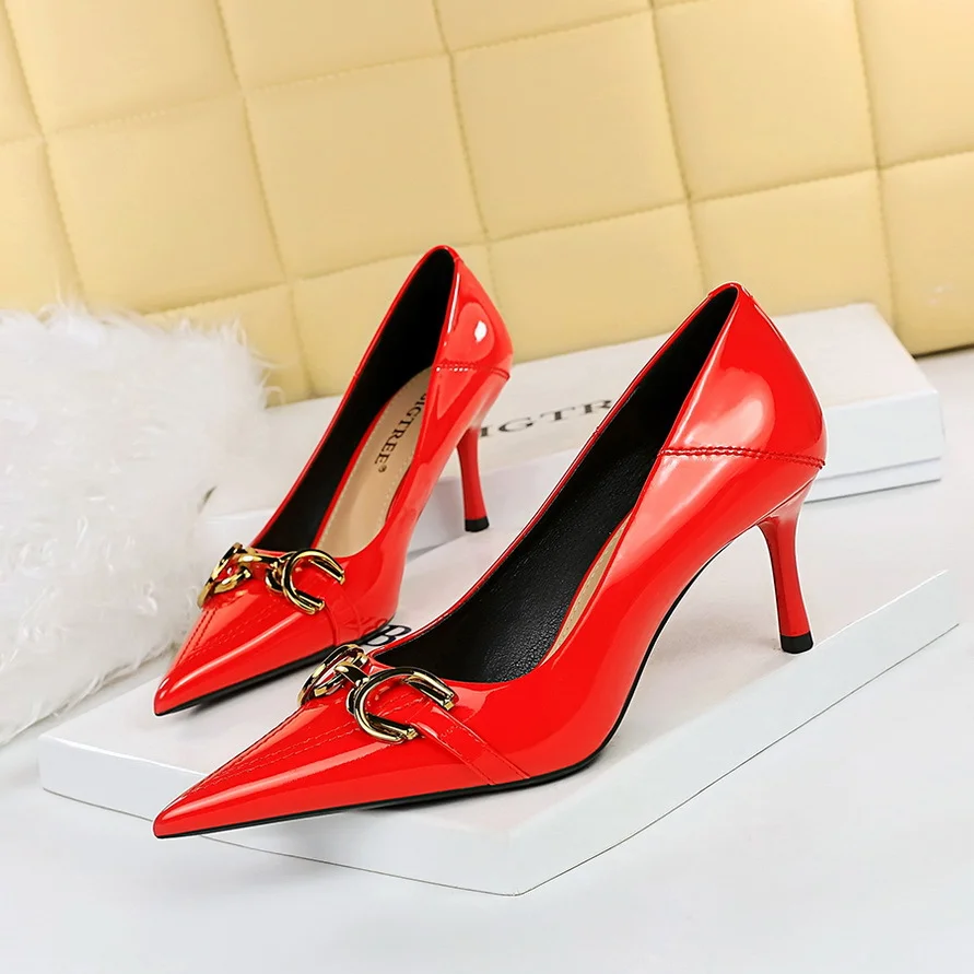 Colourp Colourp High-Heeled Women's Shoes Fine Heel Bright Face Lacquer Leather Shallow Mouth Tip OL High Heel Metal Belt Buckle Single Shoes