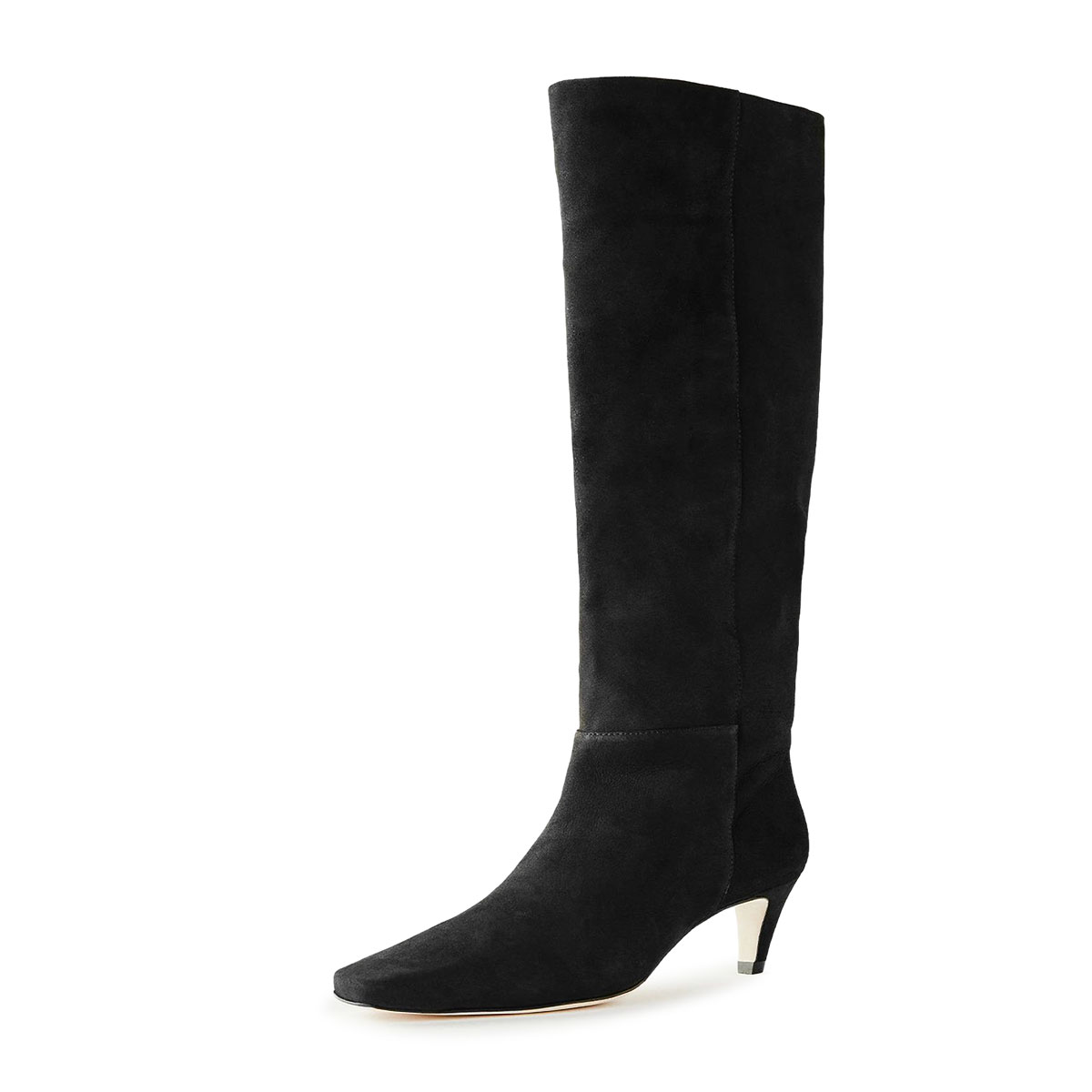 Black Vegan Suede Square Toe Kitten Heel Knee High Boots for Women Nicepairs