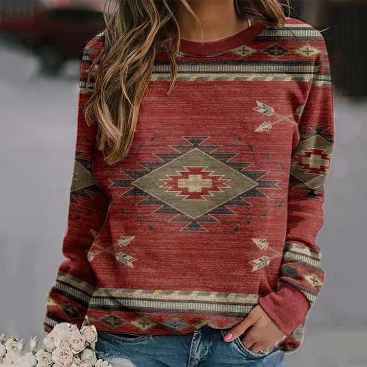 Artwishers Casual Printed Loose Long-Sleeved Round Neck Sweater