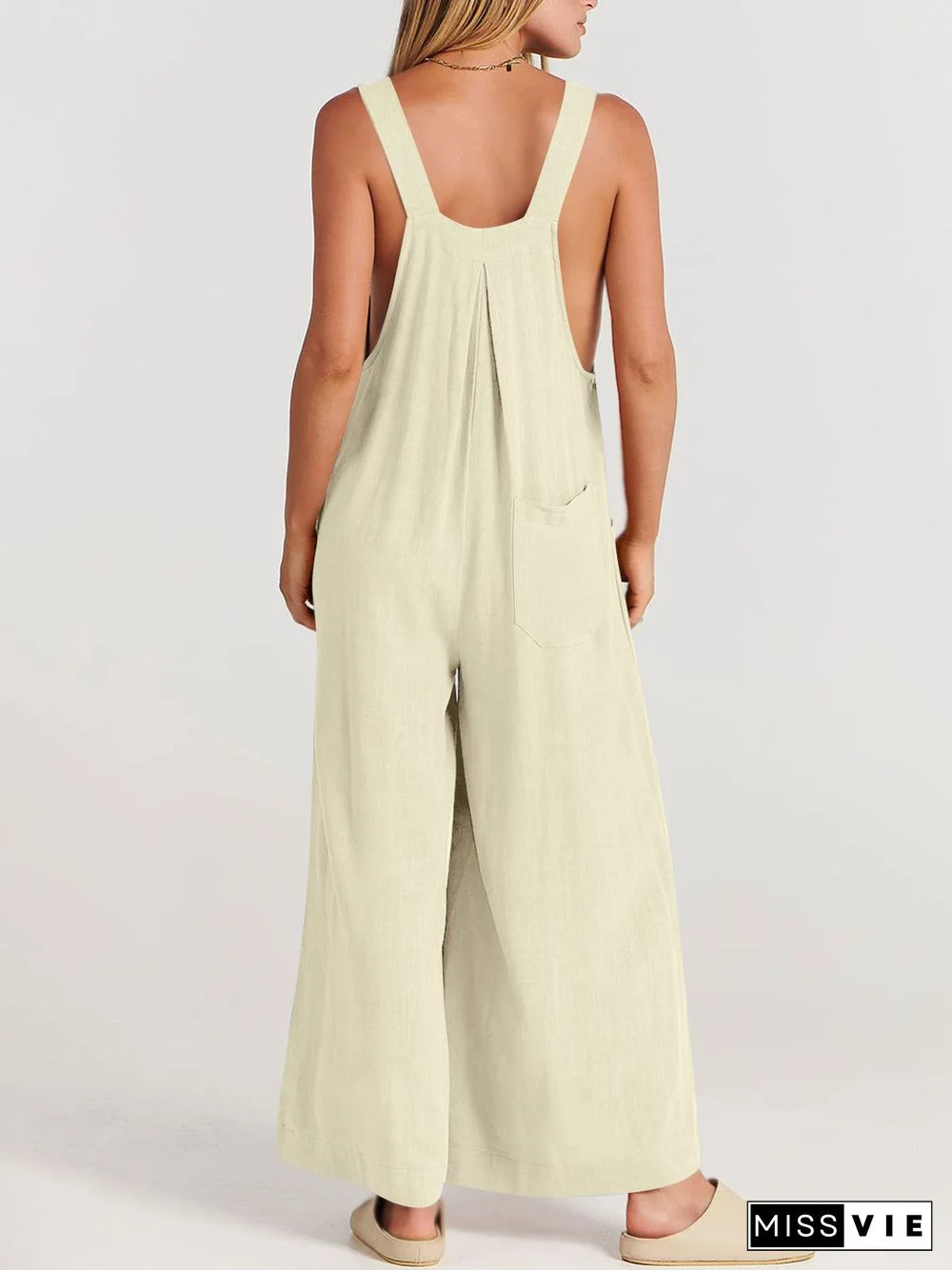 Women's Cotton Linen Sleeveless U-neck Colorful Solid Color Overalls Jumpsuit