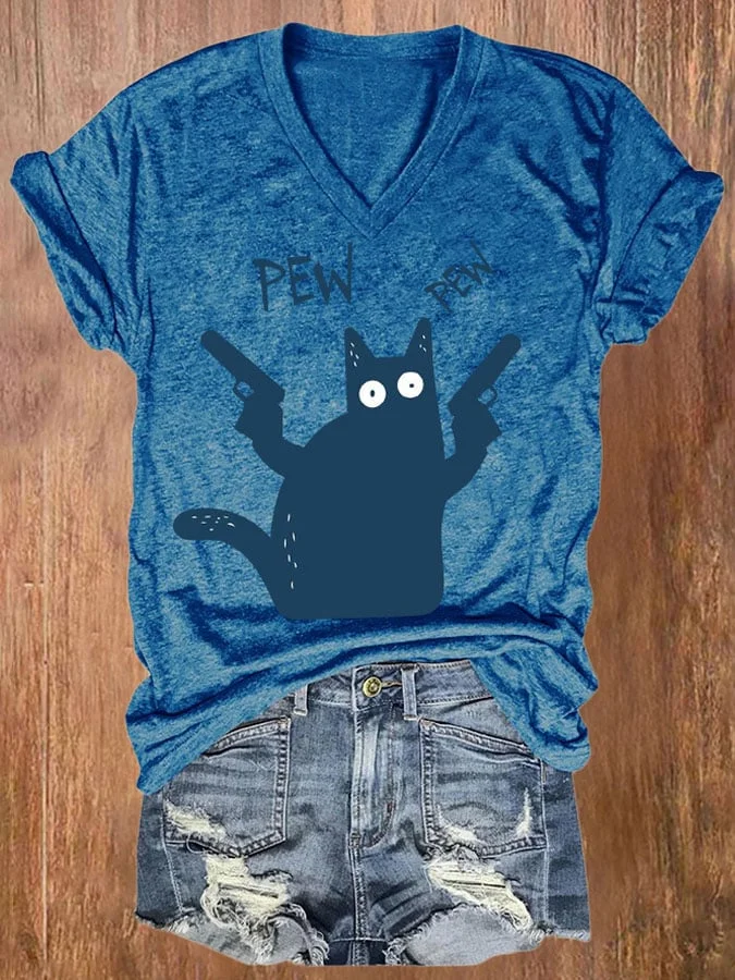 Women'S V Neck Fun Cat Print T-Shirt