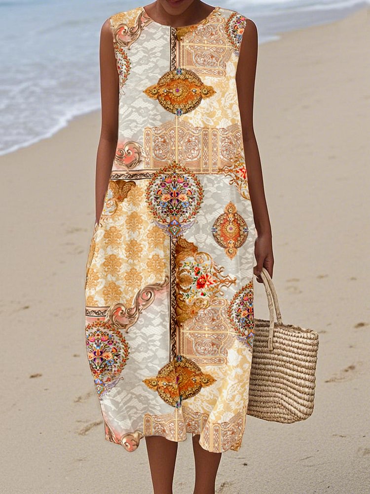 Women's Bohemian Print Cotton and Linen Dress
