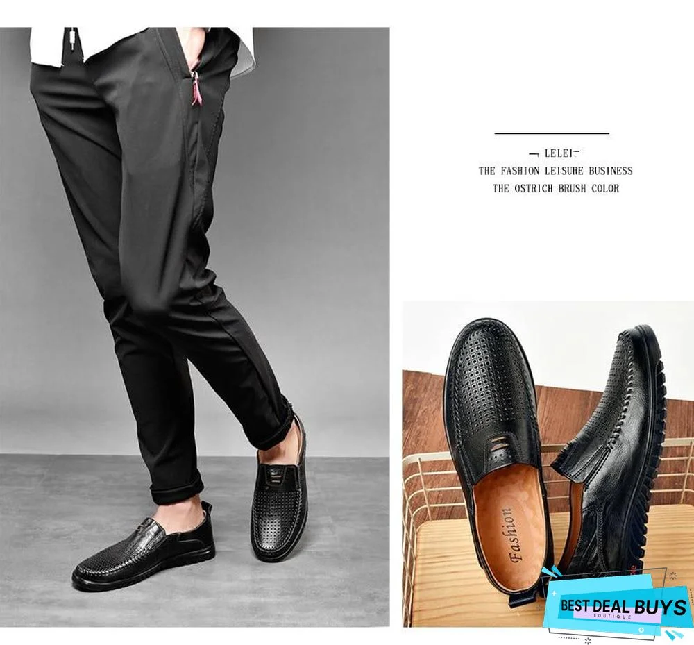 New Openwork Men Black Loafer Perforated Shoes Leather Flats Driving Shoes Business Men's Shoes