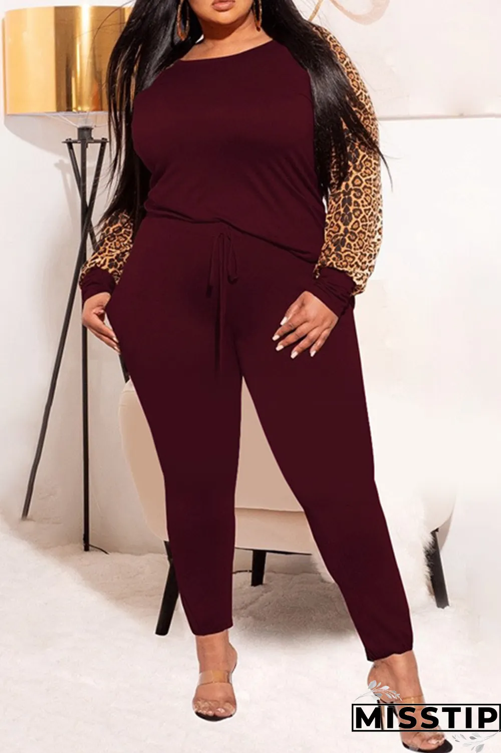 Earth Yellow Casual Leopard Patchwork O Neck Plus Size Two Pieces