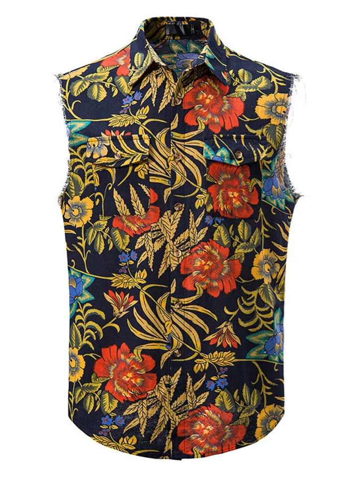 Men's Standing Collar Printed Shirt Sleeveless Shirt Casual Tops