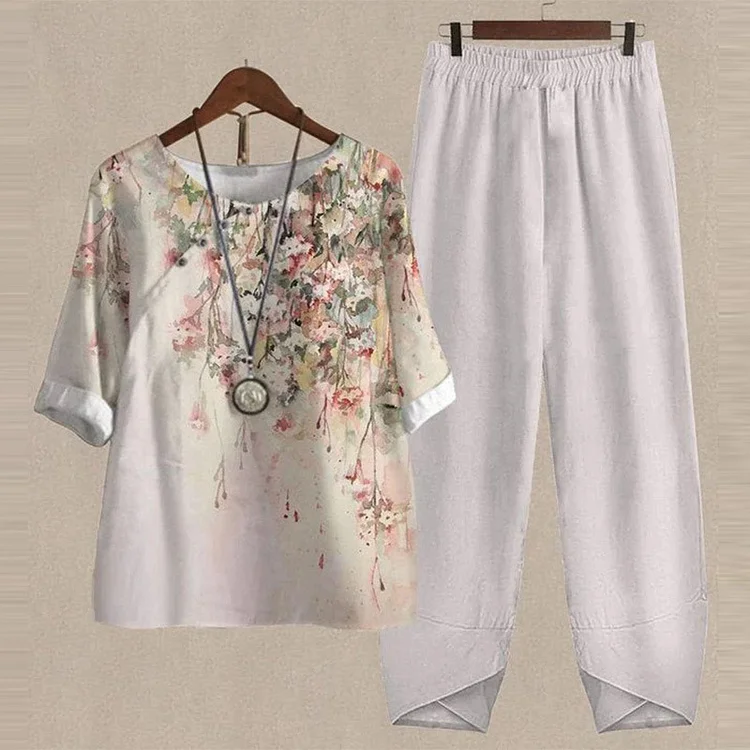 Watercolor Botanical Floral Print Casual Two Piece Set