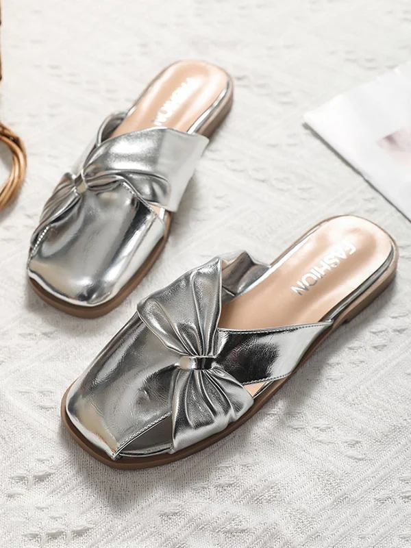 Square-Toe Split-Joint Shiny Pleated Hollow Slippers&Mules