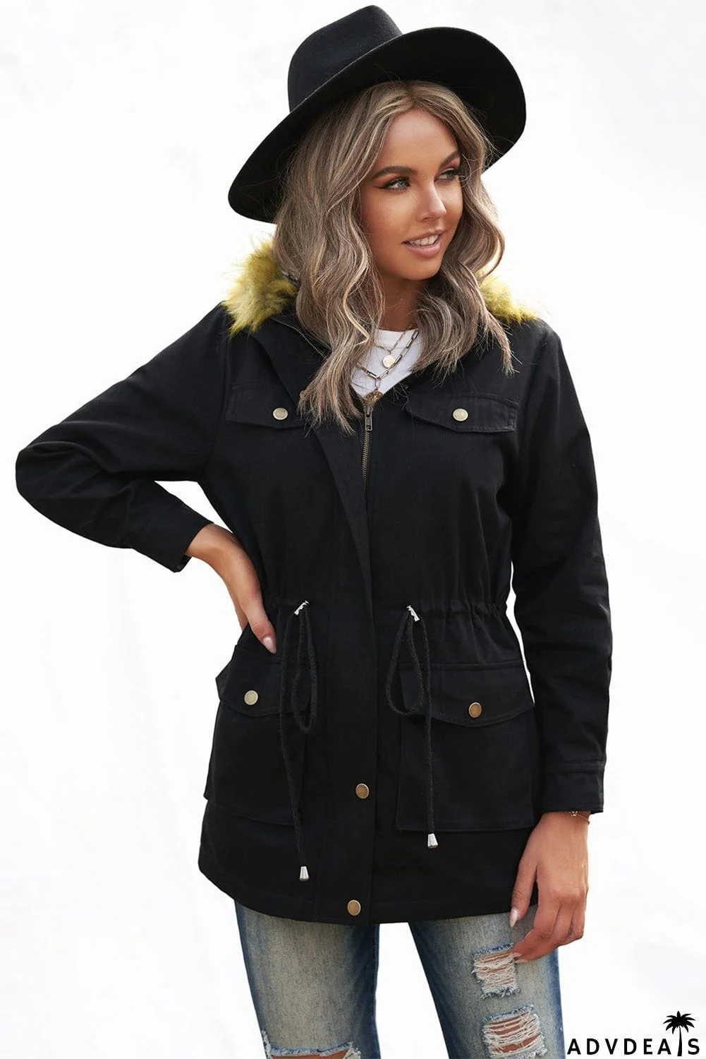 Zipper Snaps Pocket Plush Hooded Parka Jacket