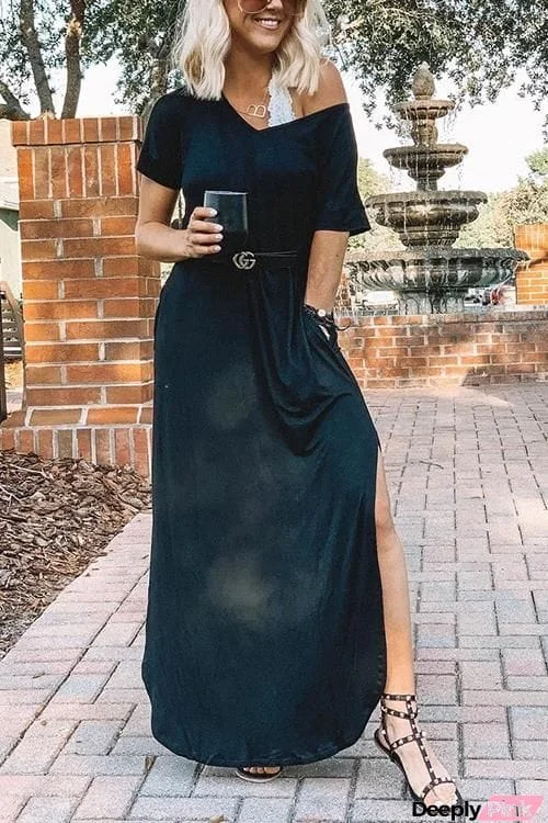 V Neck Side Slit Maxi Dress