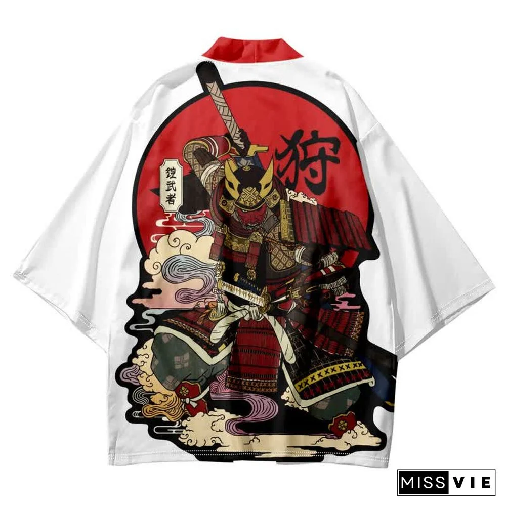 Vintage Cat Warriors Print Cardigan Kimono Outerwear