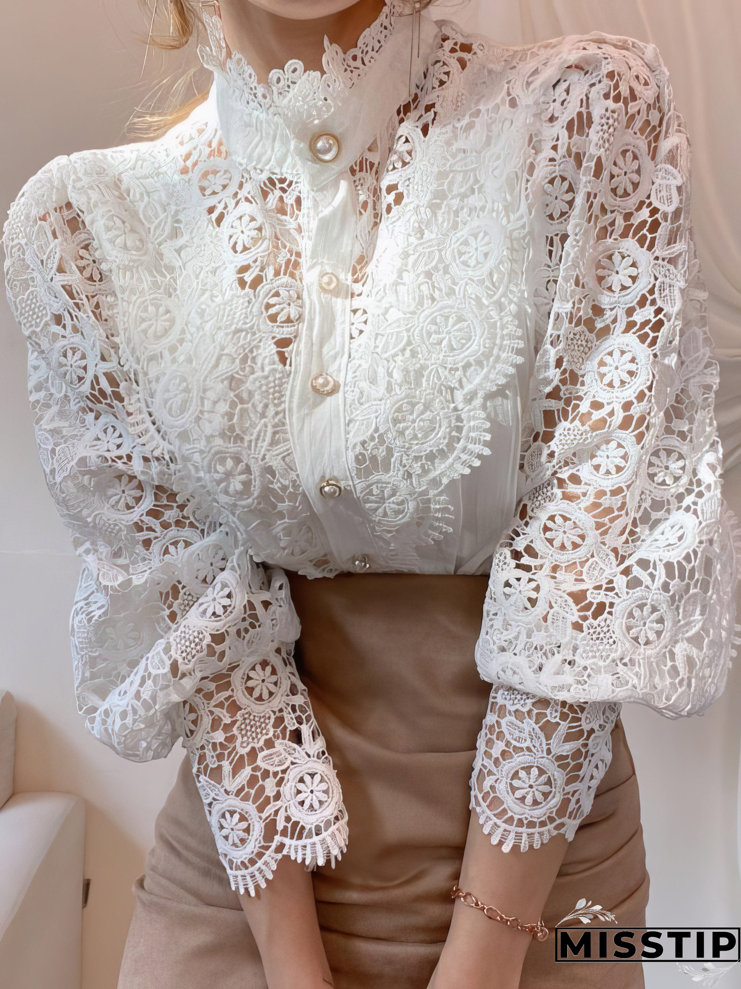White Lace Blouse with Stand Collar and Pearl Buttons