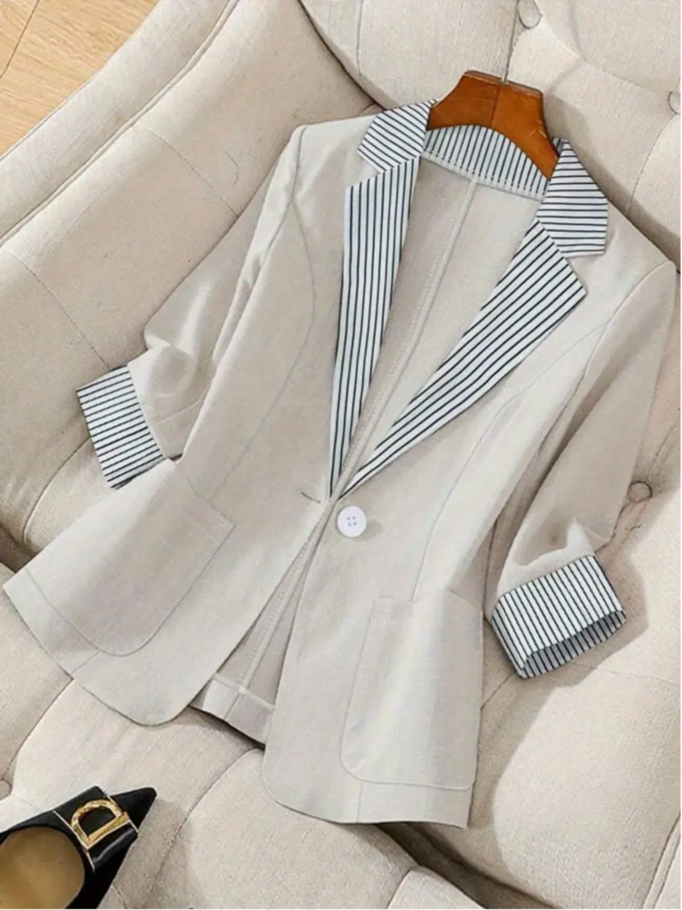 Chic Womens Beige Double-Breasted Blazer 3/4-Length Sleeve Polyester Belt Perfect | IFYHOME