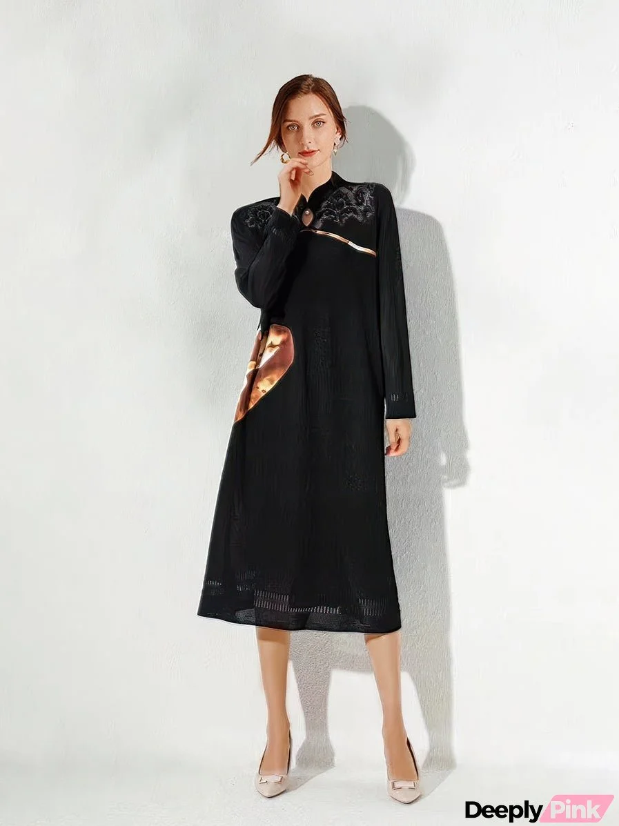 Stand Collar Elegant Stitching Long-sleeved Midi Dress