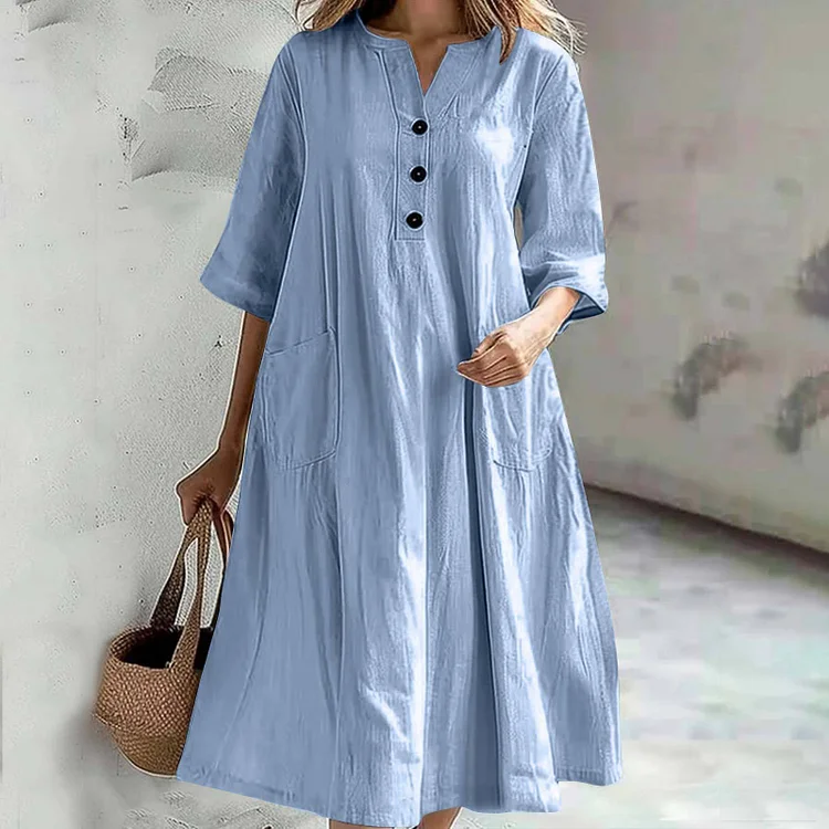 Women's V-neck Half-sleeve Cotton Linen Loose Three-button Pocket Jumpsuit