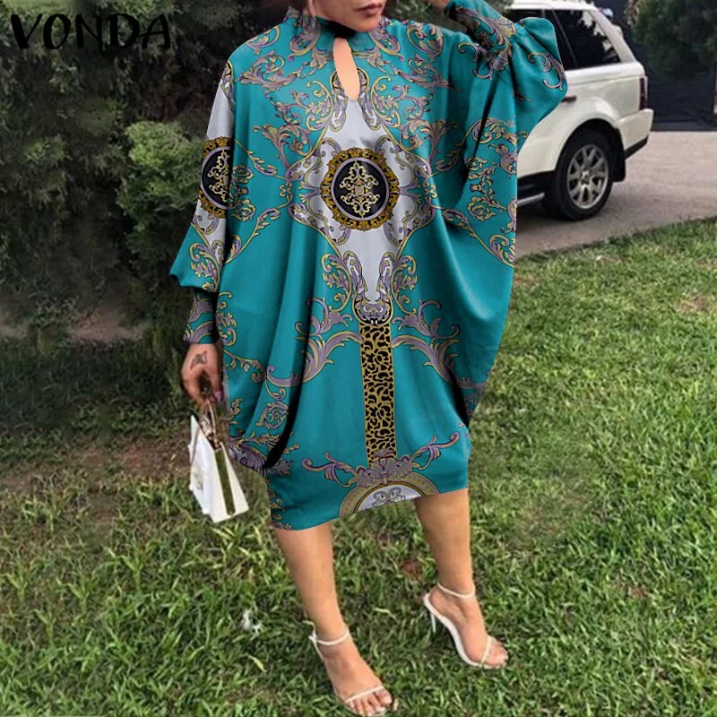 VONDA Women Dress 2022 Summer Spring Long Bat-Sleeve Solid Dresses Elegant Knee-Length Party Robe Ladies Bohemian Party Vestidos