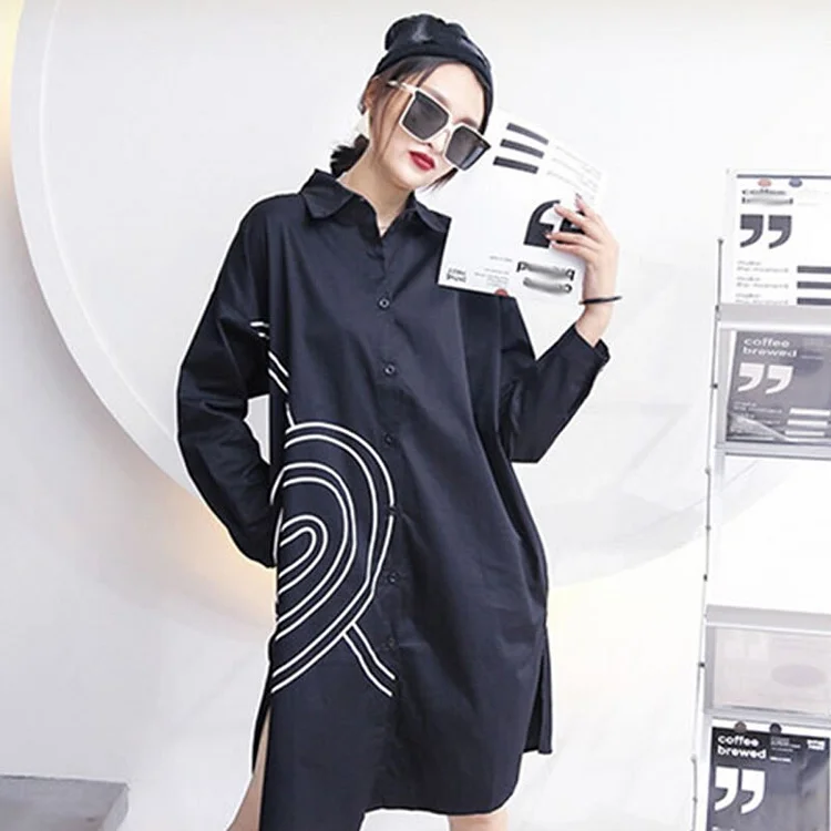 Fashion Loose Turn-down Collar Printed Single-breasteded Long Sleeve Shirt Dress     