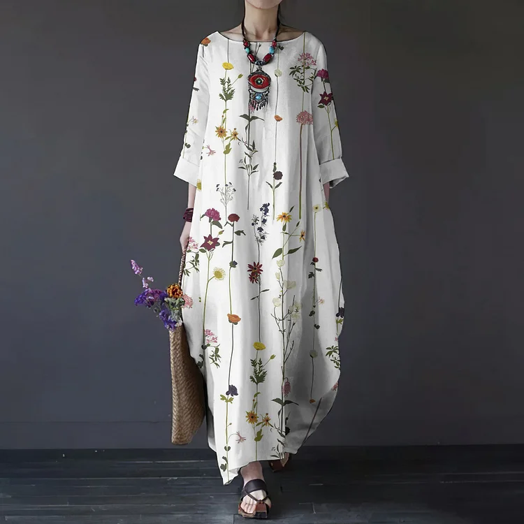 Comstylish Casual Crew Neck Floral Art Print Cotton Linen Maxi Dress