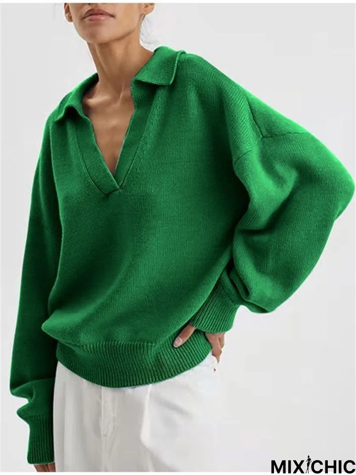 Simple Solid Color V-Neck Pullover Knit Sweater