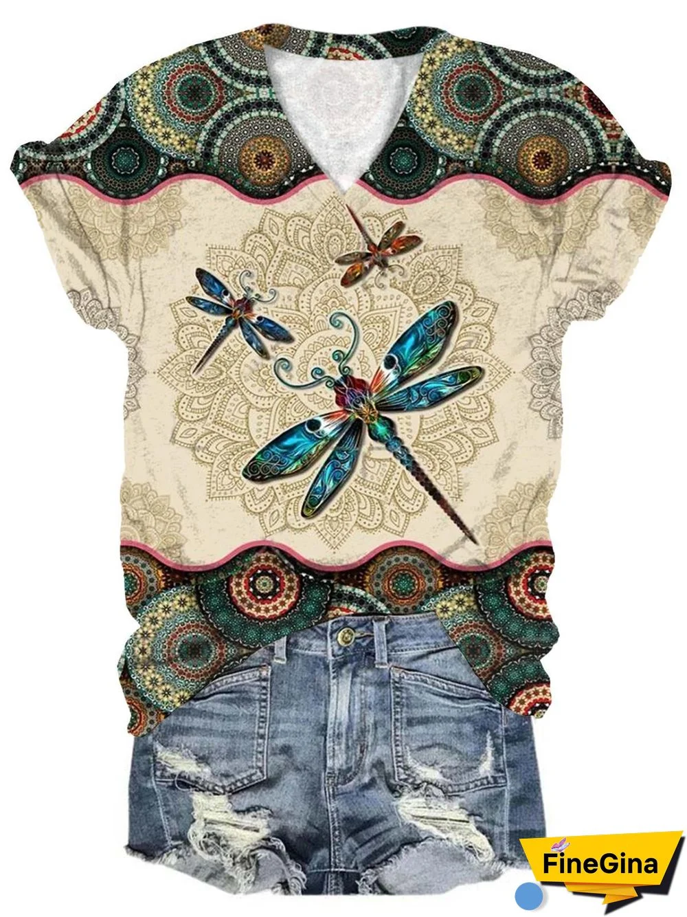 Women's Retro Mandala Dragonfly Print V-Neck Top