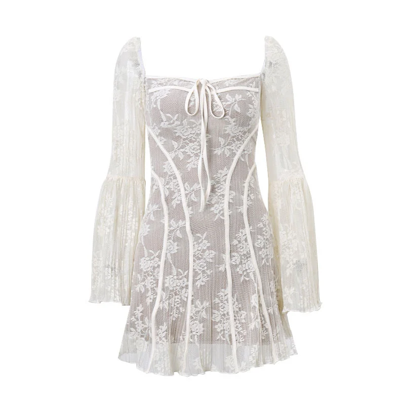 Churchf Churchf Women's Wear 2023 New Ballet Style Sexy Pure Desire Lace-Up Strapless Lace Print Long-Sleeved Dress